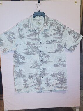 Men's Hawaiian Shirt XL SOLITUDE Gray White Cotton Short Slve Button Down Pocket
